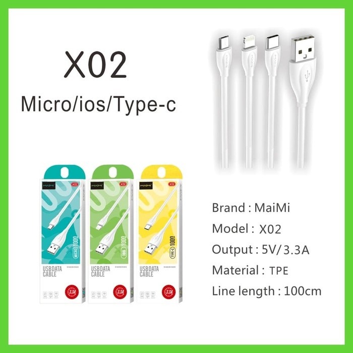 KABEL DATA MAIMI X02-IOS-1M-WHITE - 3.3A CHARGING SPEED - TPE ELASTIS ORIGINAL